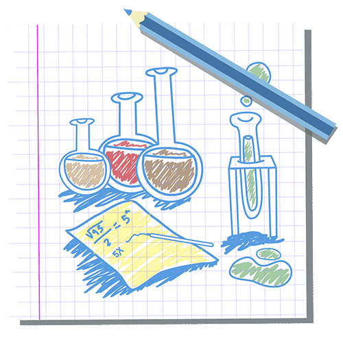 Ilustración educativa con matraces de laboratorio, tubos de ensayo y hoja con operaciones matemáticas, representando ciencias y educación de calidad